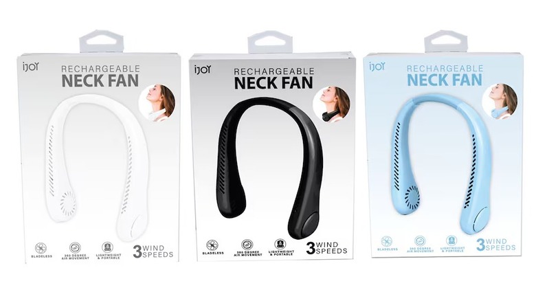 three boxes of portable neck fans