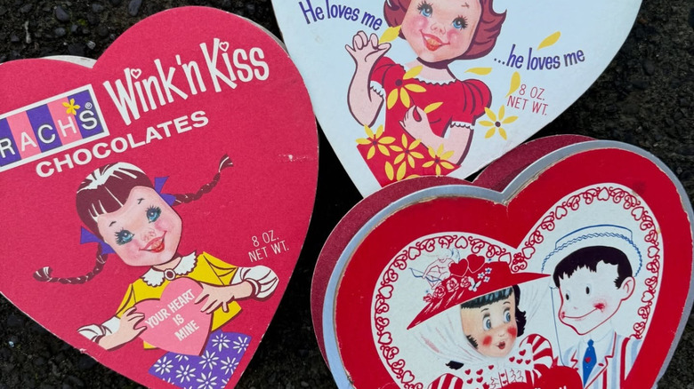 Three vintage heart-shaped candy boxes