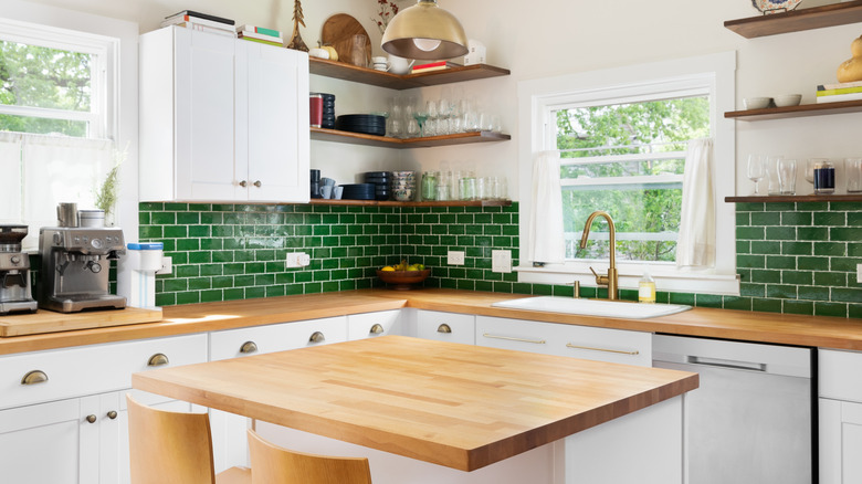 Contemporary kitchen with wood countertops