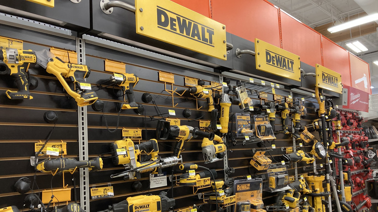 A wall of DeWalt tools