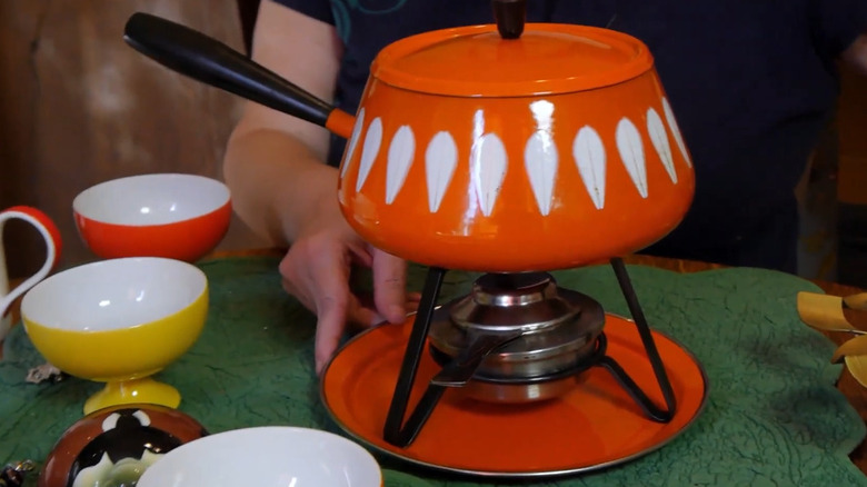 Orange Lotus pattern Cathrineholm fondue set