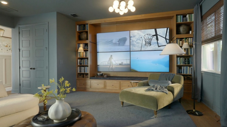 A color-drenched, smoky blue living room