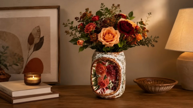 A unique vase filled with flowers sits on a wooden table between a lamp and pile of books