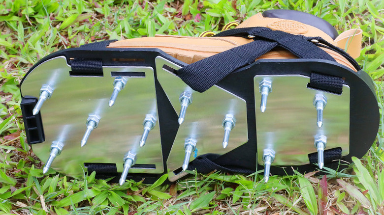 A DenForste Lawn Aerator Shoe laying on a lawn