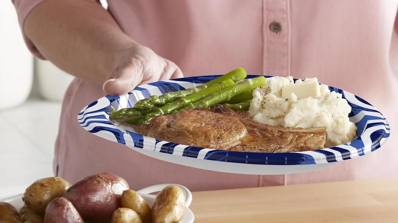 A person holds a Dixie Ultra Paper Plate filled with grilled meat and vegetables