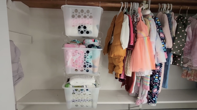 DIY basket organizer hanging in closet