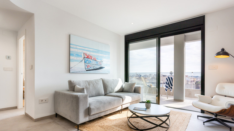 modern living room with modern black sliding glass door
