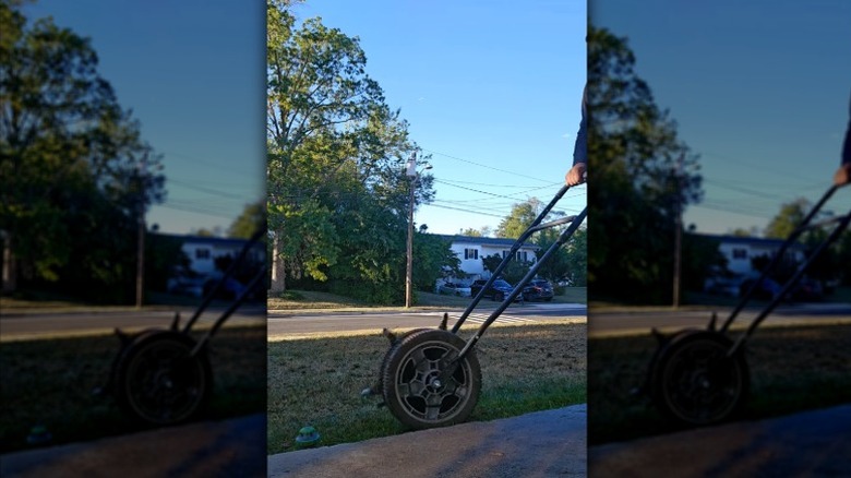 The DIY core lawn aerator in use