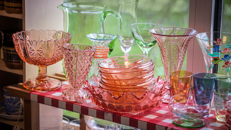 A colorful display of depression glassware