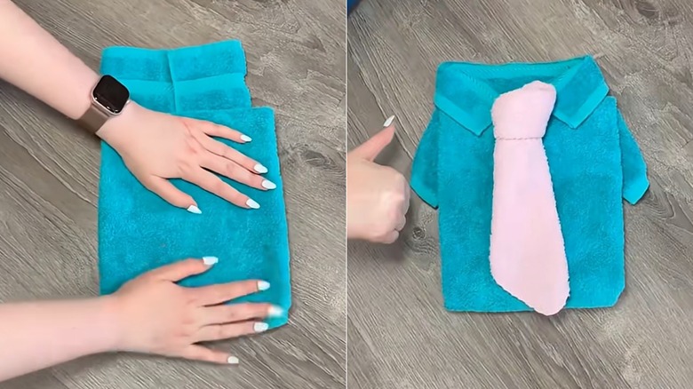 Hands folding a towel and towels folded to look like a shirt and tie
