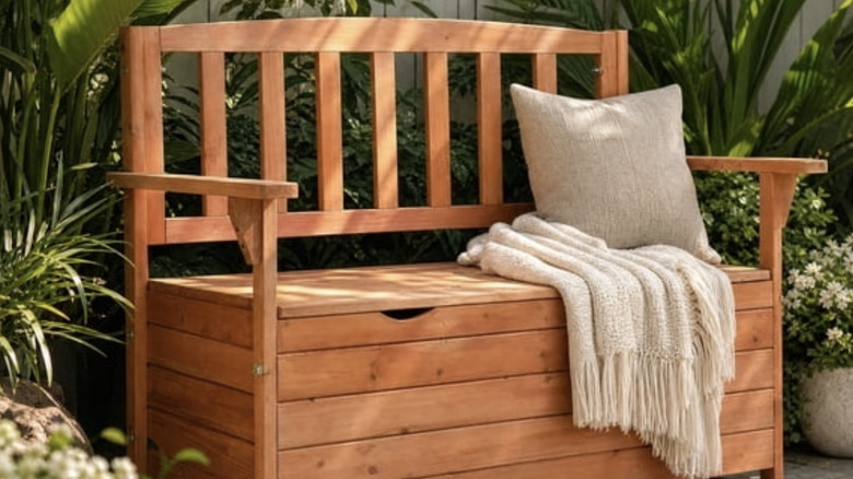 Walmart storage bench on a garden patio