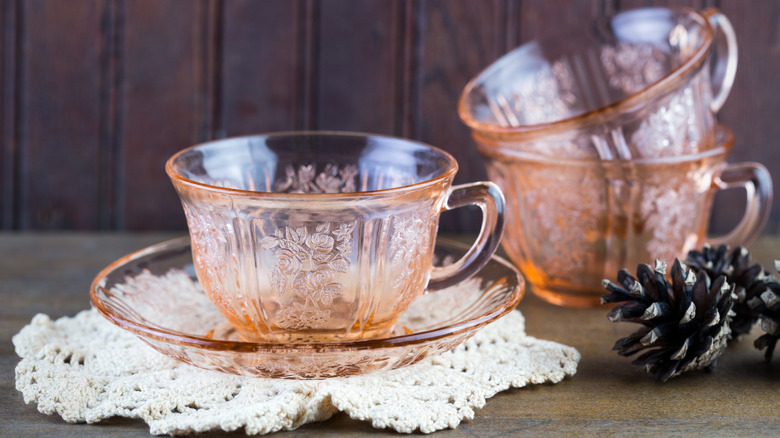 Depression glass cups and saucer