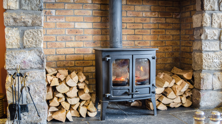 Wide shot of wood burning stove
