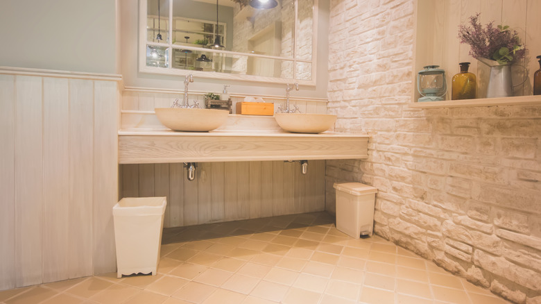 A bathroom niche with a two-sink vanity