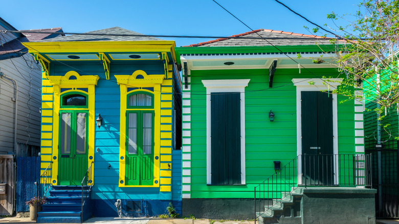 Close up of colorful wooden shotgun houses in New Orleans