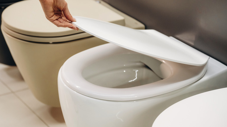 Woman closing lid of toilet