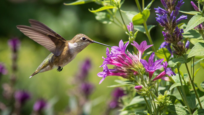 a hummingbird sipping nectar from a purple flower