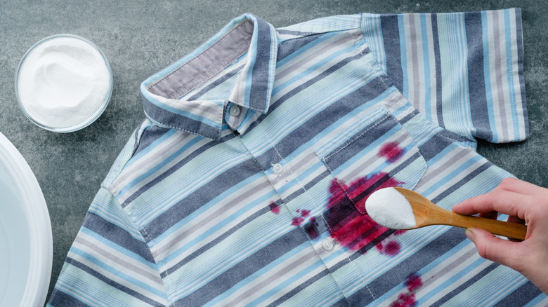 A blue striped short-sleeved shirt with berry stains on it.