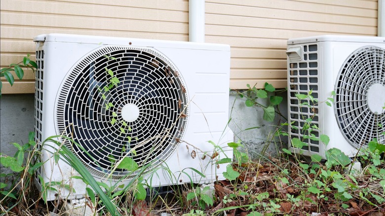 An AC unit with plants and weeds growing around it