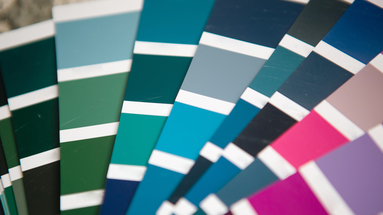 Paint samples showing shades of green, blue, and pink