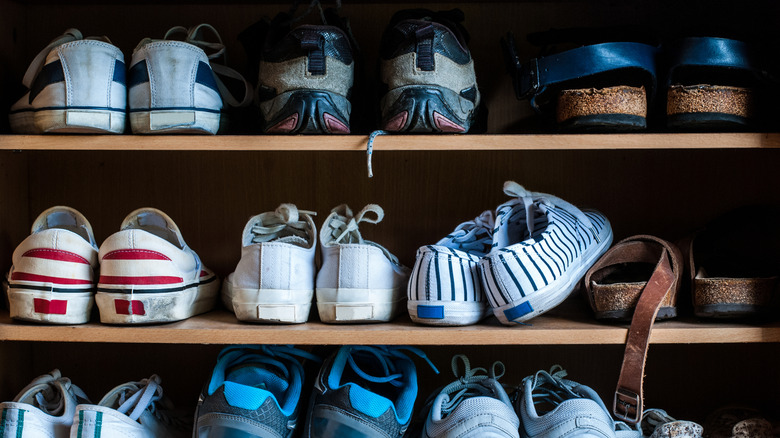 Assorted pairs of shoes cluttering a shoe rack