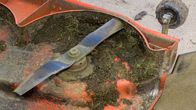 A dirty lawn mower deck