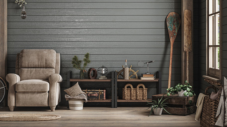 A rustic sitting room with multiple forms of storage