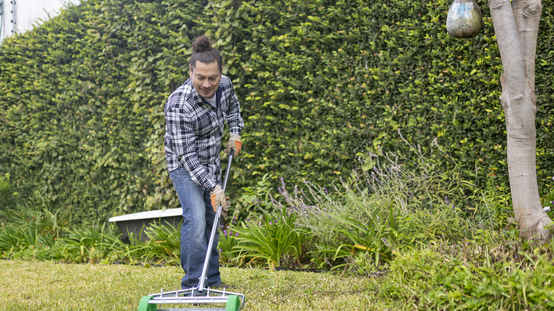 A man uses an aerator on a lawn