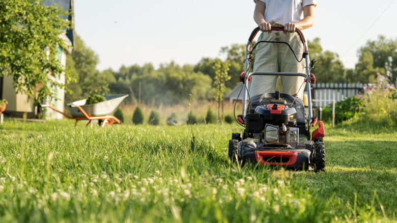 Person mowing a yard