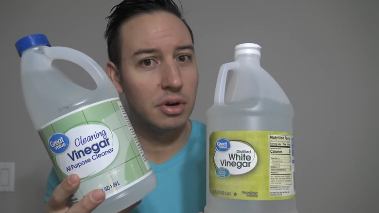 Man holding bottles of white and cleaning vinegar