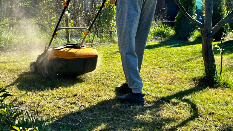 A person pushing a large aerator through a yard