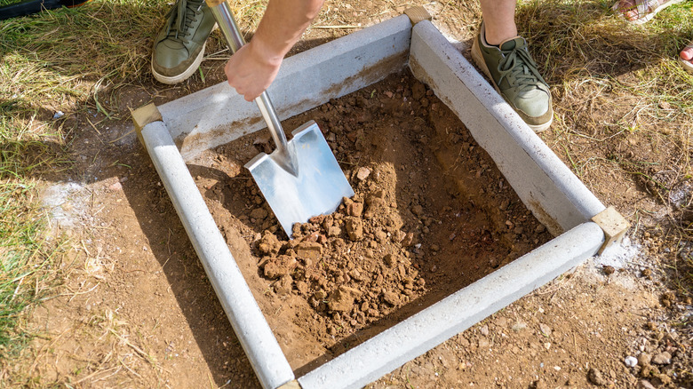 Gardener breaking up compacted soil with a shovel.