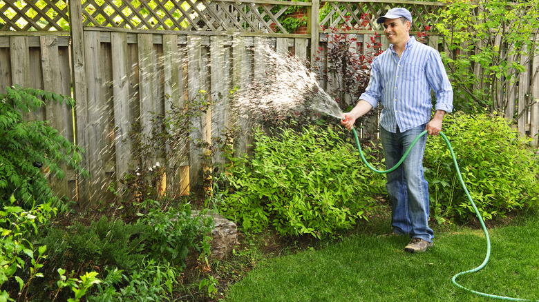 A man smiles while watering a flowerbed with a green garden hose