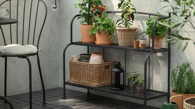 LÄCKÖ Shelf unit against wall decorated with potted plants, basket, and lantern