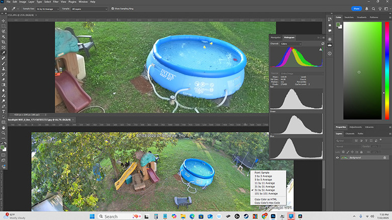 Comparing image histograms from a Panasonic Lumix and the Reolink Elite Floodlight WiFi's camera