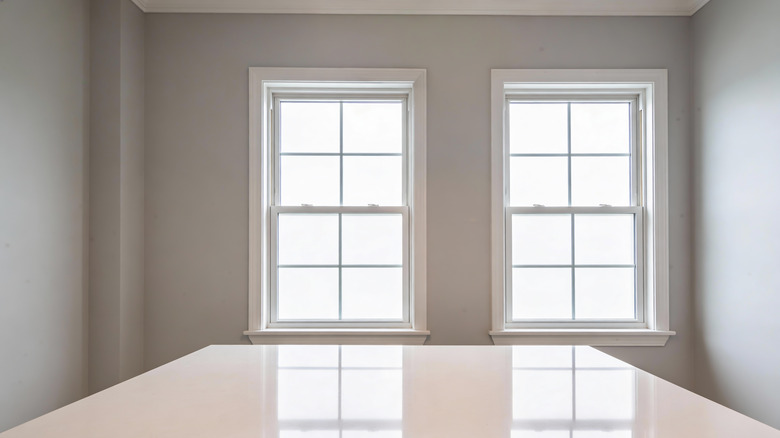 Empty dining room with two bright windows