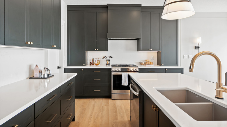 modern kitchen with white quartz countertops