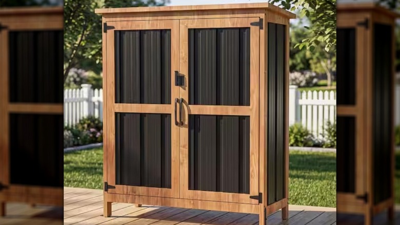Patiowell Wood and Metal Outdoor Storage Cabinet on wood patio