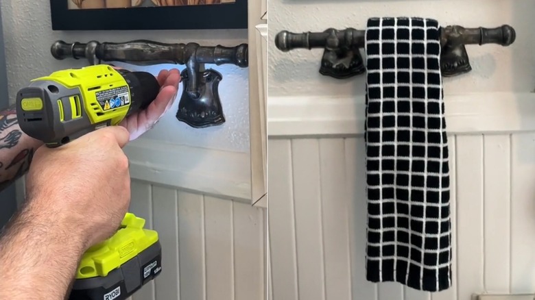 A splitview of a hand installing a casket handle mounted on wall and a hand towel hanging from the mounted casket handle
