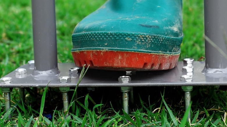 Person's foot pressing down on Walensee Spike Lawn Aerator