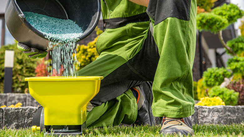 Adding granular fertilizer to a handheld broadcast spreader